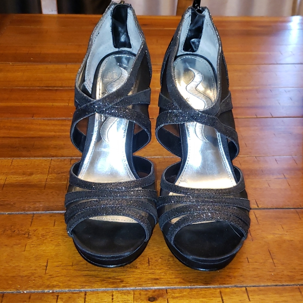 Mina black sparkle open toe heels